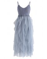 Knit Ruffled Mesh Cami Dress in Blue