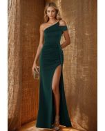 One-Shoulder High Slit Satin Mermaid Gown in Dark Green