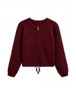 Drawstring Zipper Ribbed Knit Cardigan in Burgundy