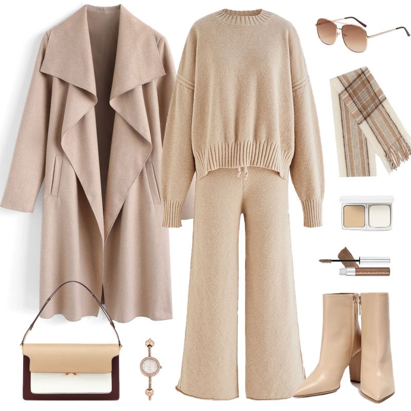 Waffle Knit Hi-Lo Sweater and Wide Leg Pants Set in Camel - Retro